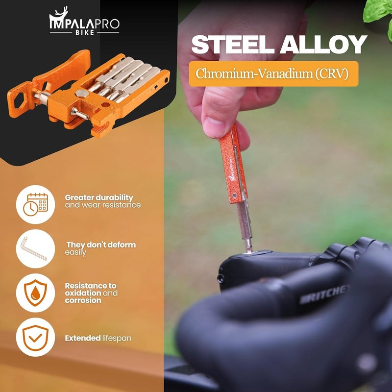 IMPALAPRO Bike Tool Kit Portable 20 in 1 Compact and Lightweight (117.5g) Chrome-Vanadium (CRV) - Bike Multitool with Chain Breaker - MTB Multitool - Bike Repair Tools (Gold) - Image 5